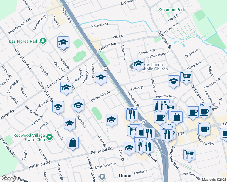 map of restaurants, bars, coffee shops, grocery stores, and more near 2021 Devonshire Drive in Napa