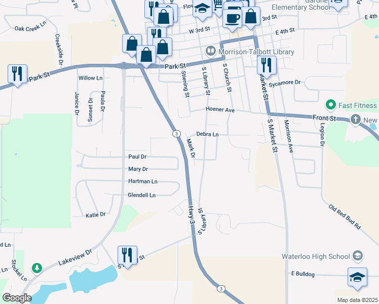 map of restaurants, bars, coffee shops, grocery stores, and more near 629 Mark Drive in Waterloo