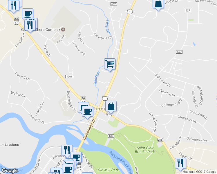 map of restaurants, bars, coffee shops, grocery stores, and more near 137 Cambridge Street in Fredericksburg