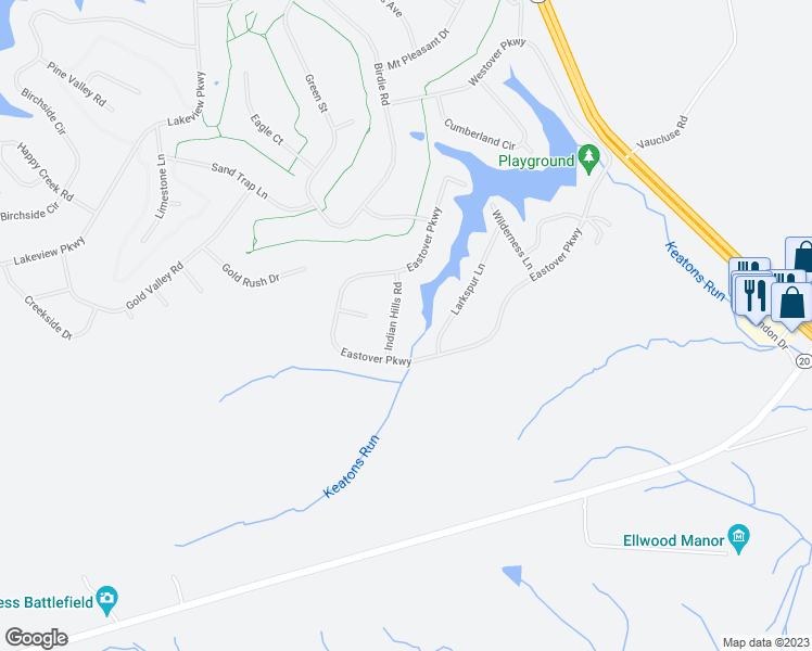 map of restaurants, bars, coffee shops, grocery stores, and more near 117 Indian Hills Road in Locust Grove
