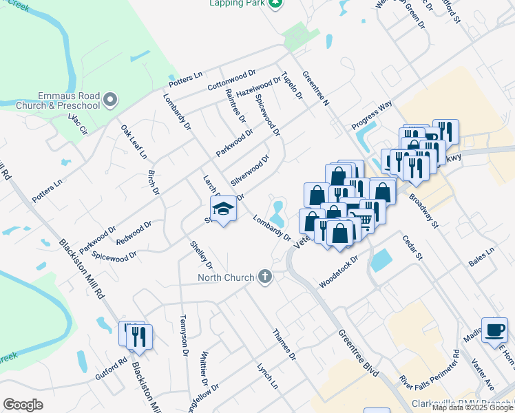 map of restaurants, bars, coffee shops, grocery stores, and more near 2140 Lombardy Drive in Clarksville