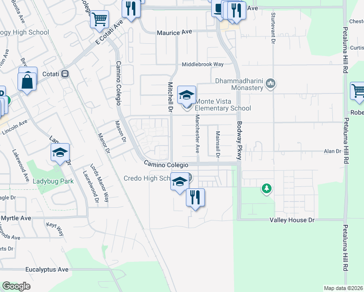 map of restaurants, bars, coffee shops, grocery stores, and more near 1411 Muir Place in Rohnert Park