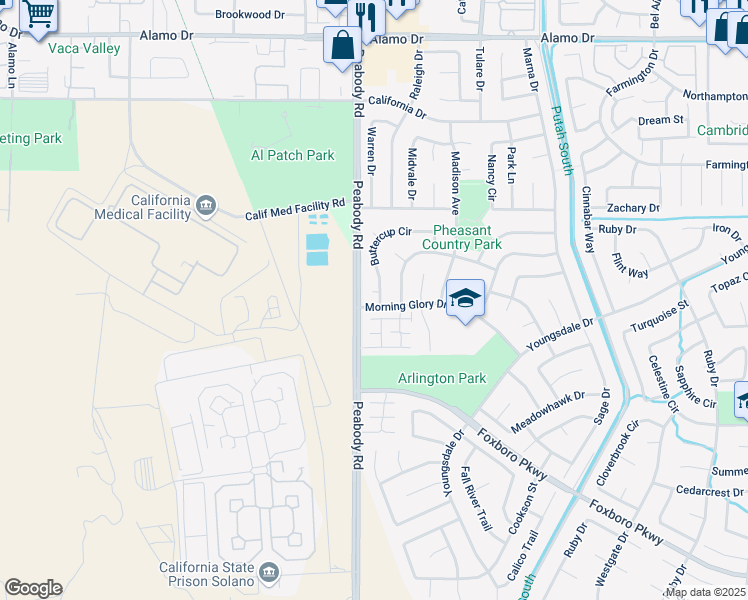 map of restaurants, bars, coffee shops, grocery stores, and more near 125 Goldenrod Court in Vacaville