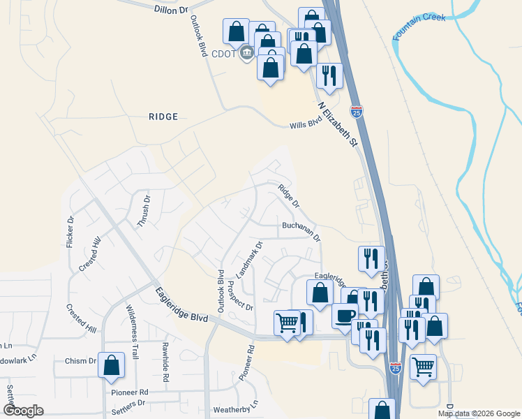 map of restaurants, bars, coffee shops, grocery stores, and more near 5097 Tabor Lane in Pueblo