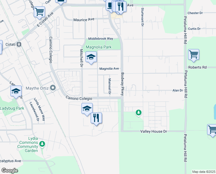 map of restaurants, bars, coffee shops, grocery stores, and more near 8021 Mainsail Drive in Rohnert Park