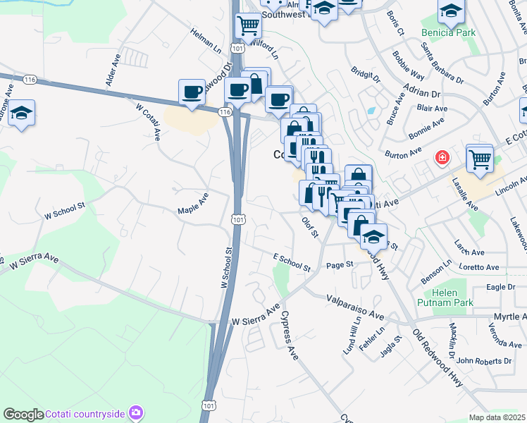 map of restaurants, bars, coffee shops, grocery stores, and more near 8107 El Rancho Drive in Cotati