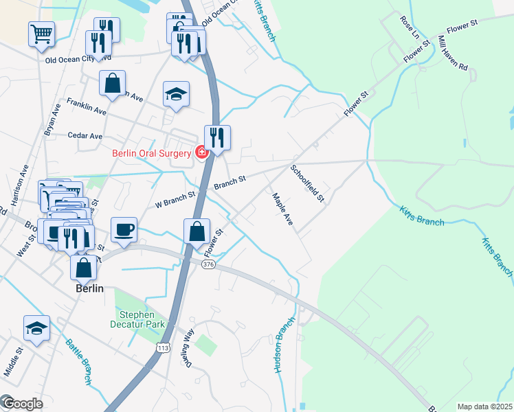 map of restaurants, bars, coffee shops, grocery stores, and more near 302 Flower St in Berlin