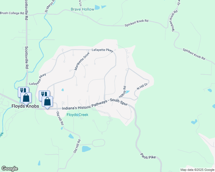 map of restaurants, bars, coffee shops, grocery stores, and more near 3512 Lafayette Parkway in Floyds Knobs