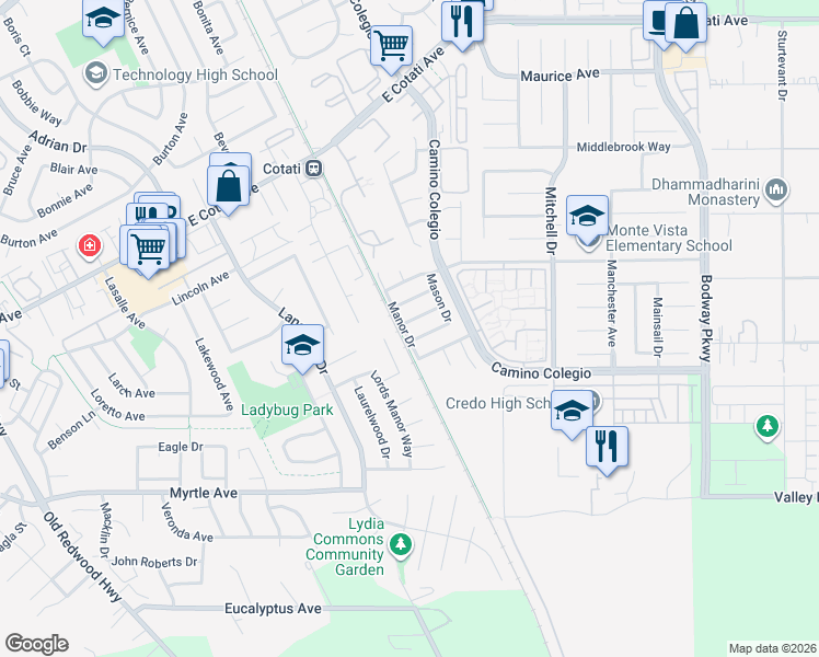 map of restaurants, bars, coffee shops, grocery stores, and more near 1219 Marque Drive in Rohnert Park