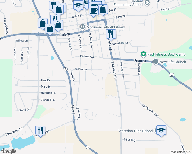 map of restaurants, bars, coffee shops, grocery stores, and more near 112 Kasey Lane in Waterloo