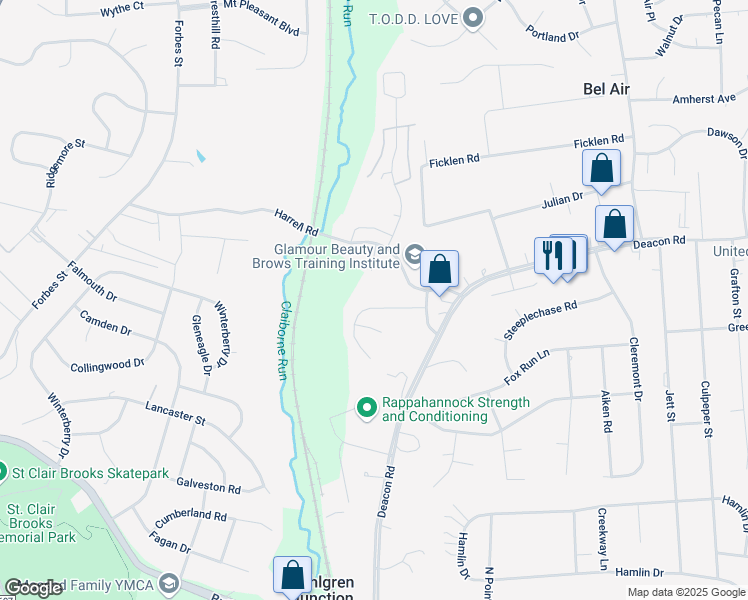 map of restaurants, bars, coffee shops, grocery stores, and more near 5 Huntington Drive in Fredericksburg