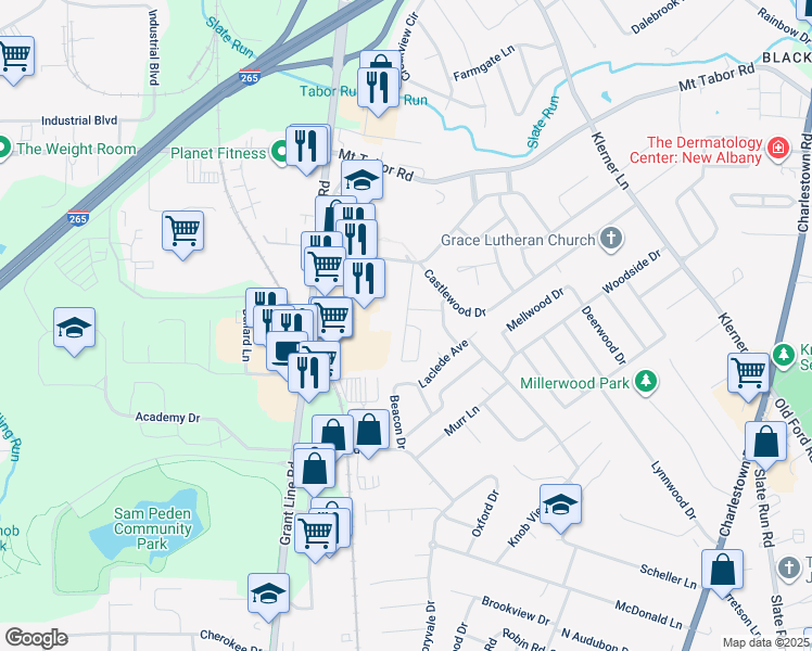 map of restaurants, bars, coffee shops, grocery stores, and more near 898 University Woods Drive in New Albany