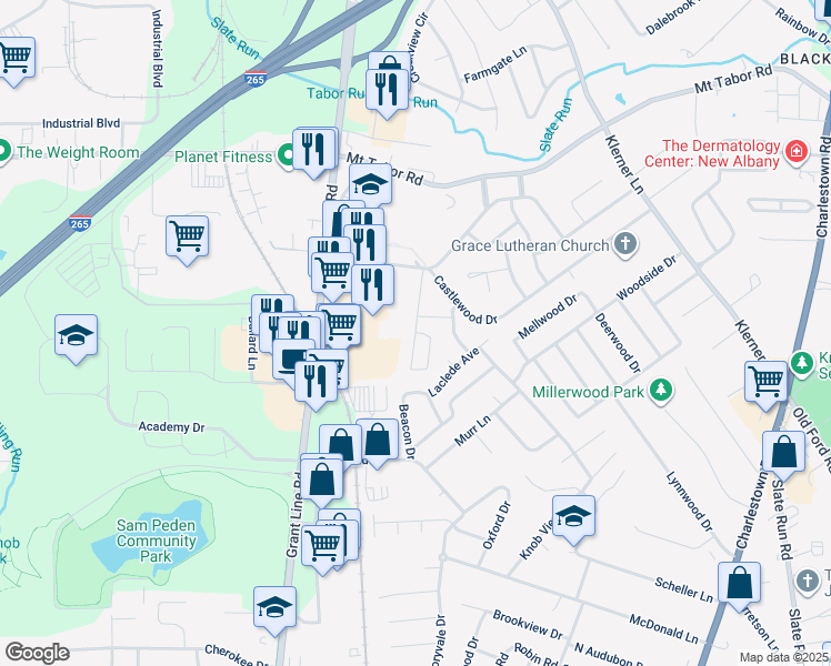 map of restaurants, bars, coffee shops, grocery stores, and more near 904 University Woods Drive in New Albany