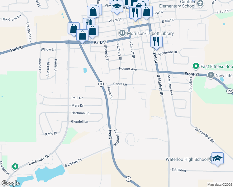 map of restaurants, bars, coffee shops, grocery stores, and more near 709 South Library Street in Waterloo