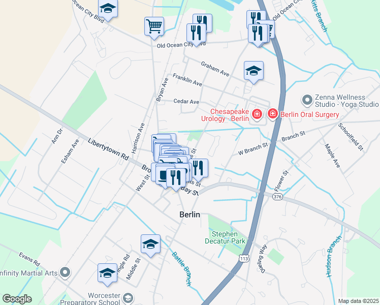 map of restaurants, bars, coffee shops, grocery stores, and more near 206 Maryland 377 in Berlin