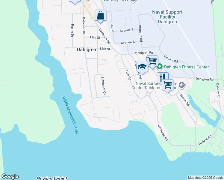 map of restaurants, bars, coffee shops, grocery stores, and more near 17128 Windward Lane in King George
