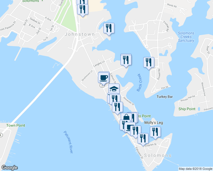map of restaurants, bars, coffee shops, grocery stores, and more near 14350 Solomons Island Road South in Solomons
