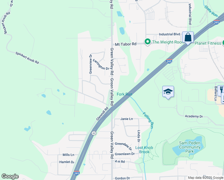 map of restaurants, bars, coffee shops, grocery stores, and more near 3201 Green Valley Road in New Albany