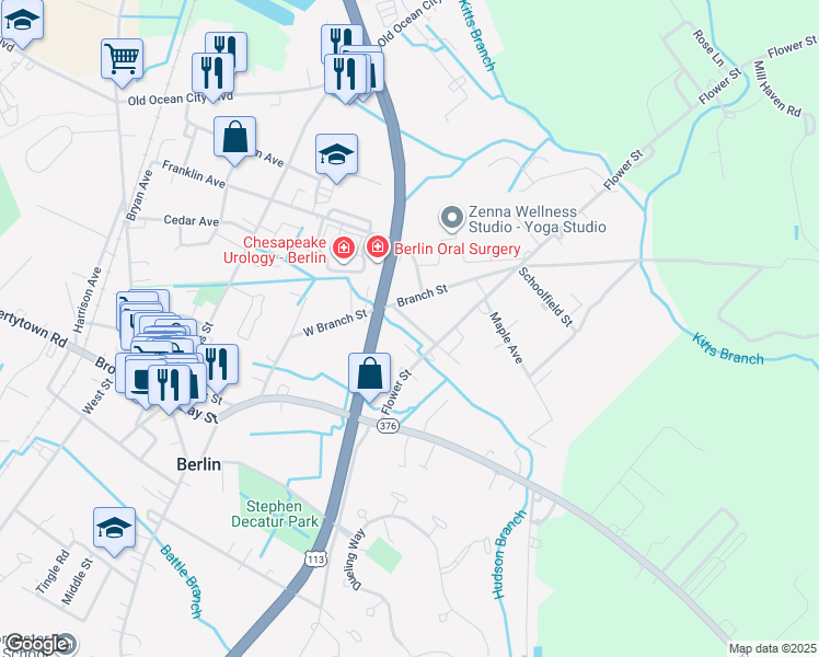 map of restaurants, bars, coffee shops, grocery stores, and more near 111 Showell Street in Berlin