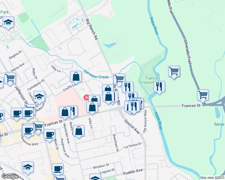 map of restaurants, bars, coffee shops, grocery stores, and more near 48 Catania Lane in Napa