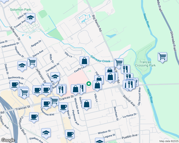 map of restaurants, bars, coffee shops, grocery stores, and more near 3450 Villa Lane in Napa