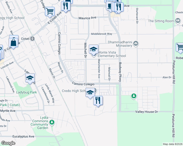 map of restaurants, bars, coffee shops, grocery stores, and more near 1427 Muir Place in Rohnert Park