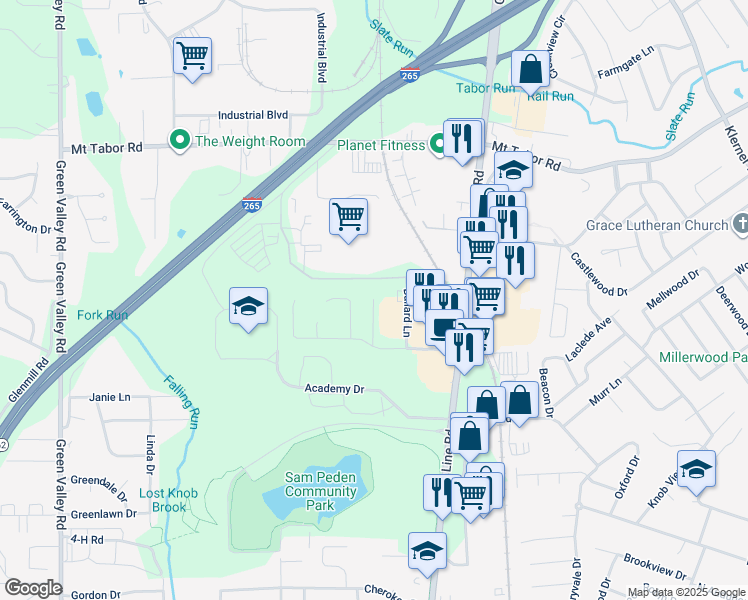 map of restaurants, bars, coffee shops, grocery stores, and more near 3218 Slate Creek Court in New Albany