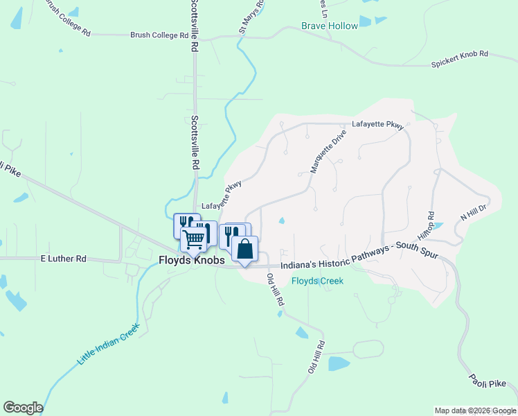 map of restaurants, bars, coffee shops, grocery stores, and more near 3628 Deville Drive in Floyds Knobs