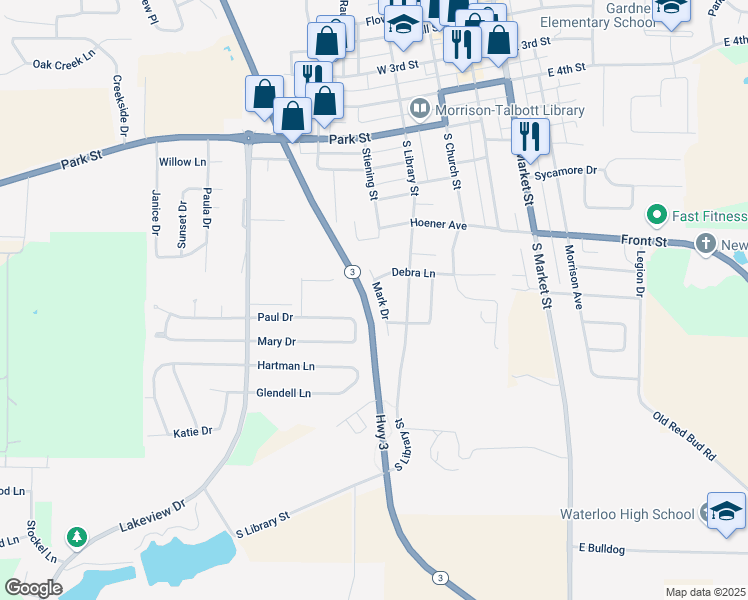 map of restaurants, bars, coffee shops, grocery stores, and more near 629 Mark Drive in Waterloo