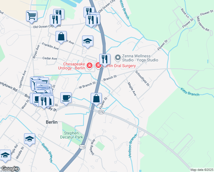 map of restaurants, bars, coffee shops, grocery stores, and more near 111 Showell Street in Berlin