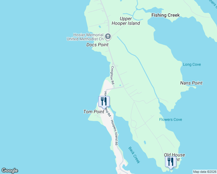 map of restaurants, bars, coffee shops, grocery stores, and more near 2576 Hoopers Island Road in Fishing Creek