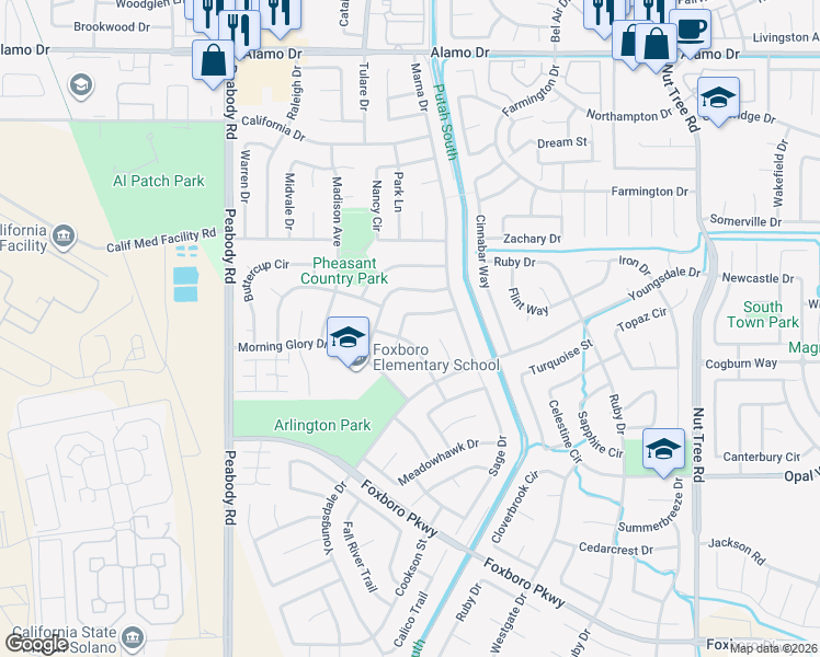 map of restaurants, bars, coffee shops, grocery stores, and more near 630 Silvertop Way in Vacaville