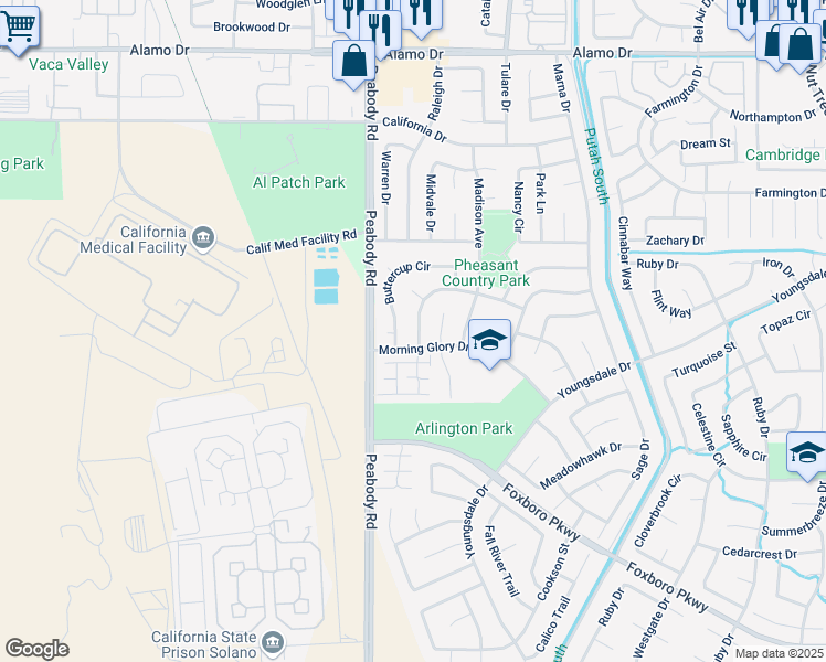 map of restaurants, bars, coffee shops, grocery stores, and more near 125 Goldenrod Court in Vacaville