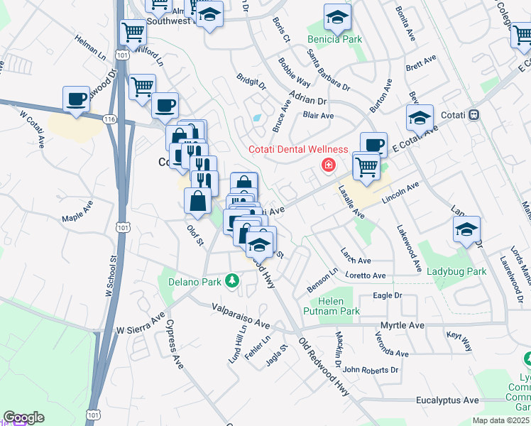 map of restaurants, bars, coffee shops, grocery stores, and more near 65 Charles Street in Cotati