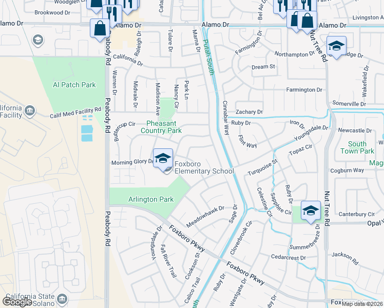 map of restaurants, bars, coffee shops, grocery stores, and more near 630 Silvertop Way in Vacaville