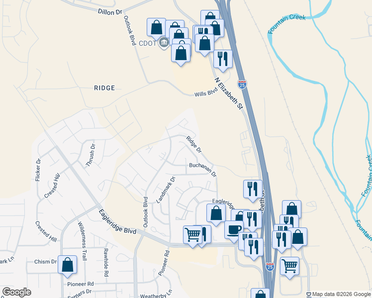 map of restaurants, bars, coffee shops, grocery stores, and more near 5097 Goldking Road in Pueblo