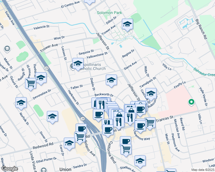 map of restaurants, bars, coffee shops, grocery stores, and more near 3580 Beckworth Drive in Napa