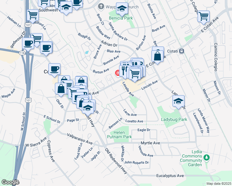 map of restaurants, bars, coffee shops, grocery stores, and more near 303 Lincoln Avenue in Cotati