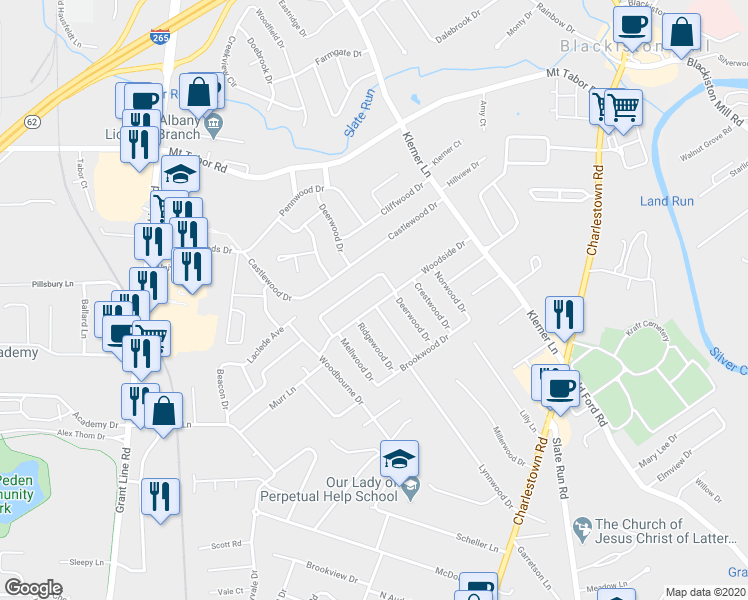 map of restaurants, bars, coffee shops, grocery stores, and more near 915 Woodside Drive in New Albany