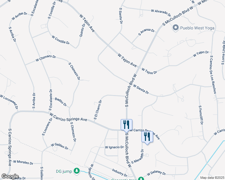 map of restaurants, bars, coffee shops, grocery stores, and more near 1649 West El Charro Drive in Pueblo