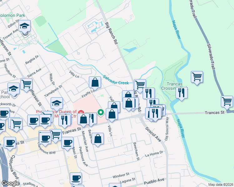 map of restaurants, bars, coffee shops, grocery stores, and more near 3472 Shelter Creek Drive in Napa