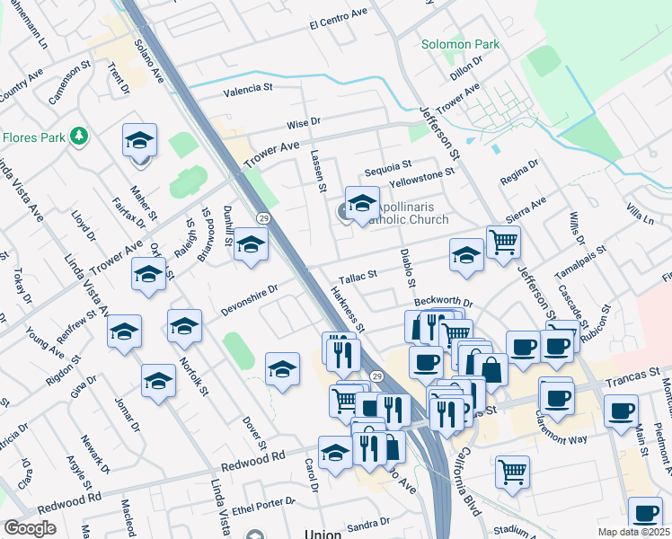 map of restaurants, bars, coffee shops, grocery stores, and more near 3681 Harkness Street in Napa