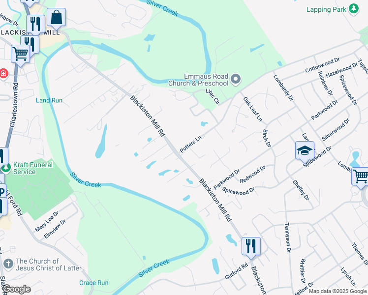 map of restaurants, bars, coffee shops, grocery stores, and more near 2414 Blackiston Mill Road in Clarksville