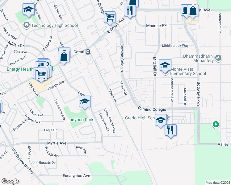 map of restaurants, bars, coffee shops, grocery stores, and more near 1216 Marque Drive in Rohnert Park