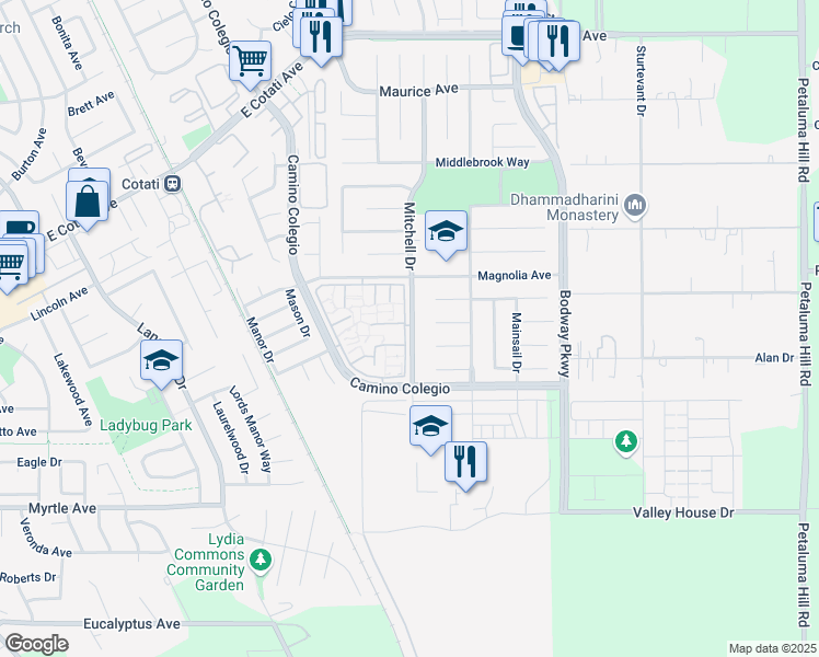 map of restaurants, bars, coffee shops, grocery stores, and more near 8043 Mitchell Drive in Rohnert Park
