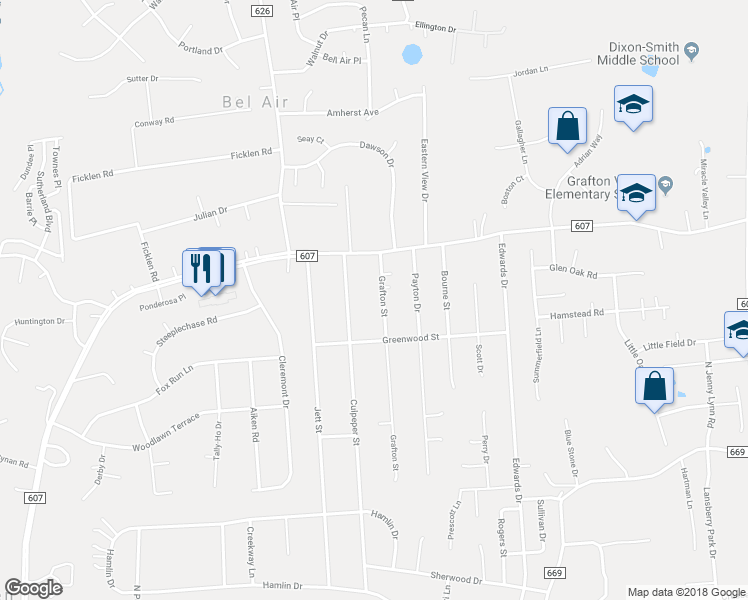 map of restaurants, bars, coffee shops, grocery stores, and more near 809 Grafton Street in Fredericksburg