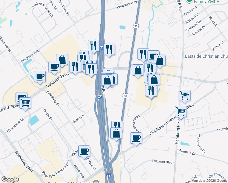 map of restaurants, bars, coffee shops, grocery stores, and more near 4423 U.S. 31 in Jeffersonville