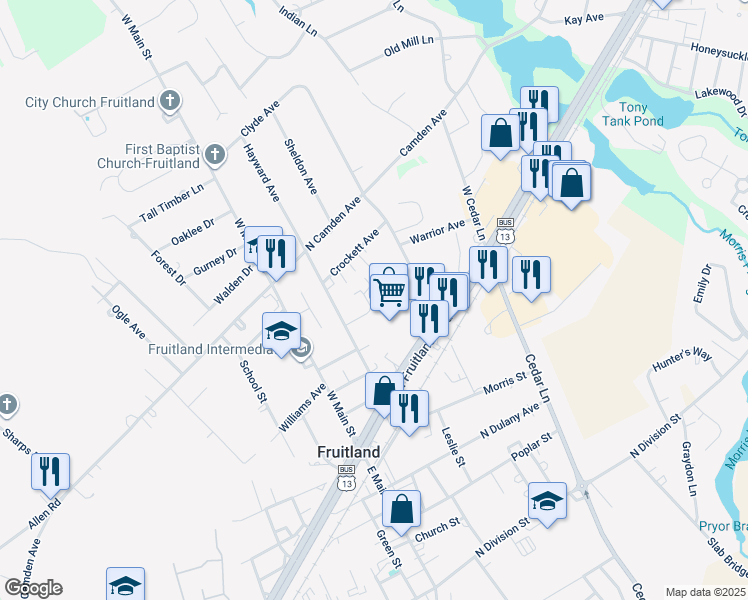 map of restaurants, bars, coffee shops, grocery stores, and more near 107 Linda Drive in Fruitland