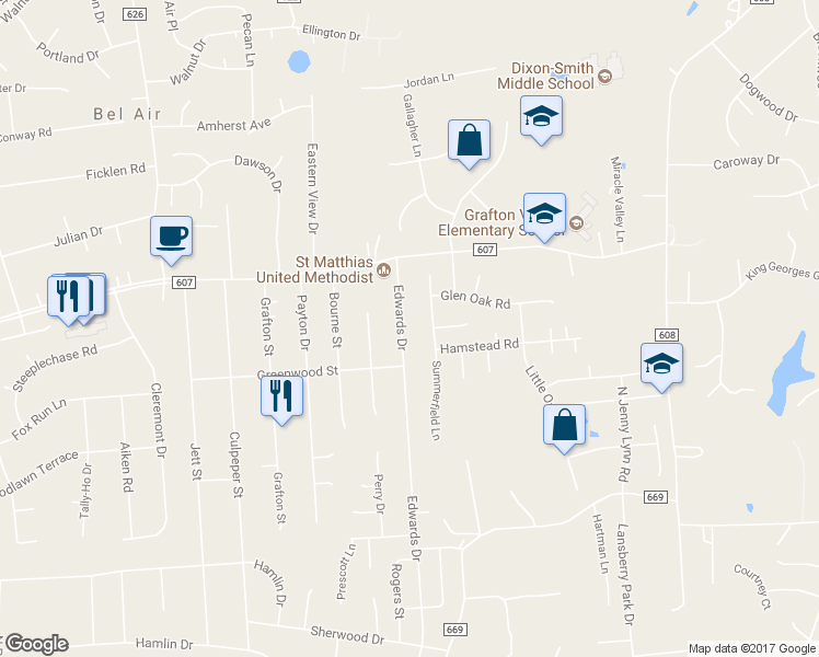 map of restaurants, bars, coffee shops, grocery stores, and more near 806 Edwards Drive in Fredericksburg