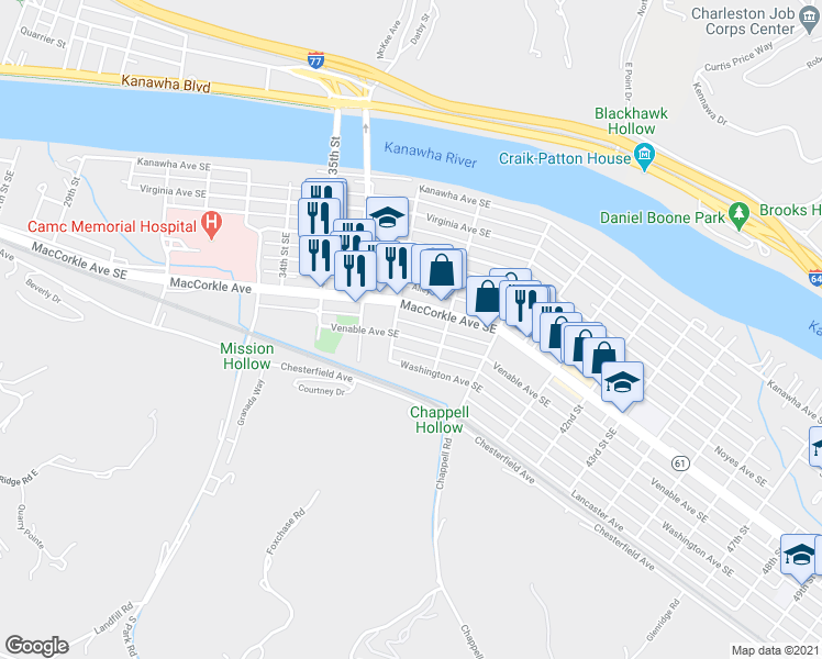 map of restaurants, bars, coffee shops, grocery stores, and more near 3702 Washington Avenue Southeast in Charleston